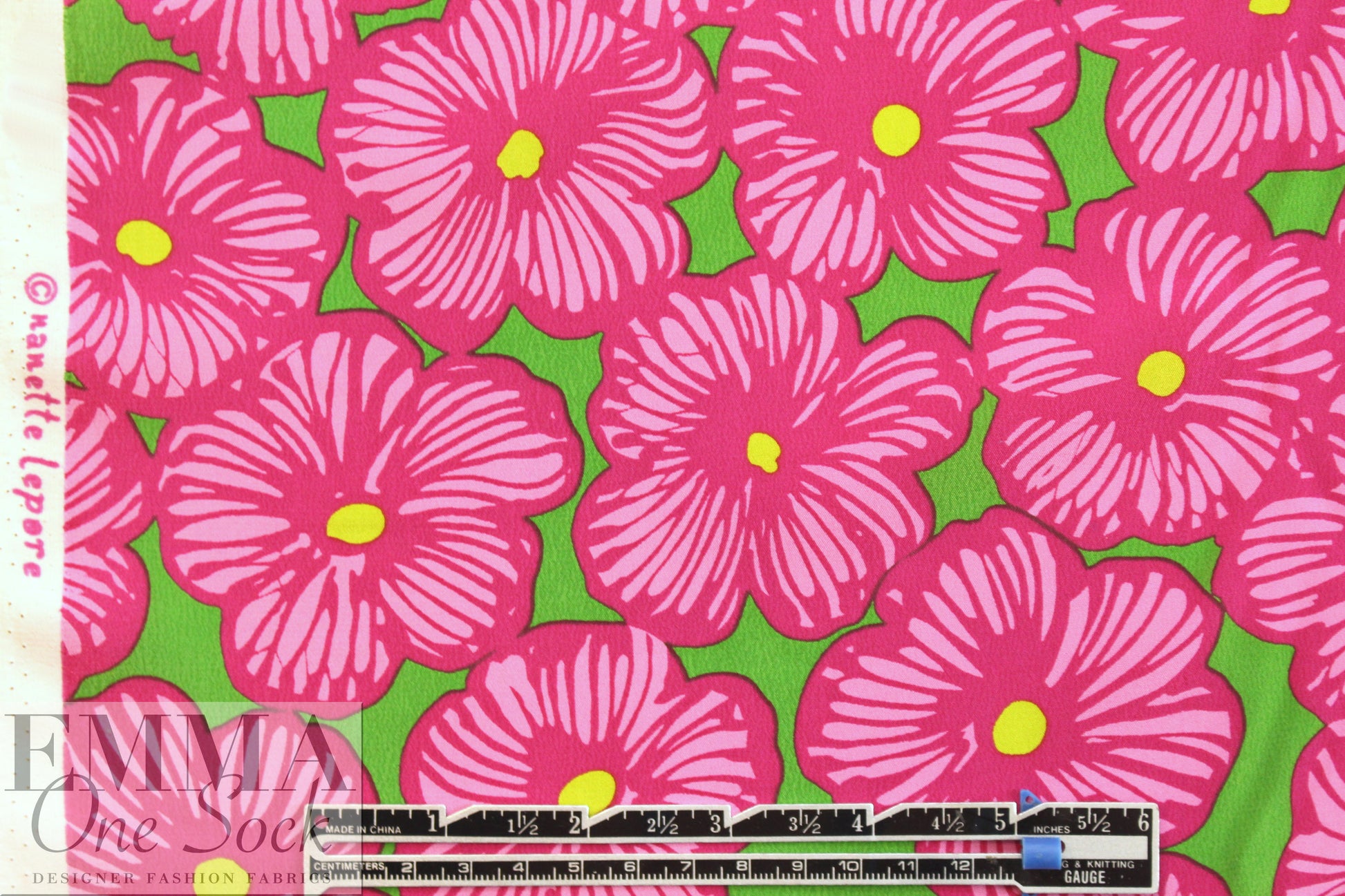 famous designer silk crepe de chine - pink/lime flowers 1.375 yds