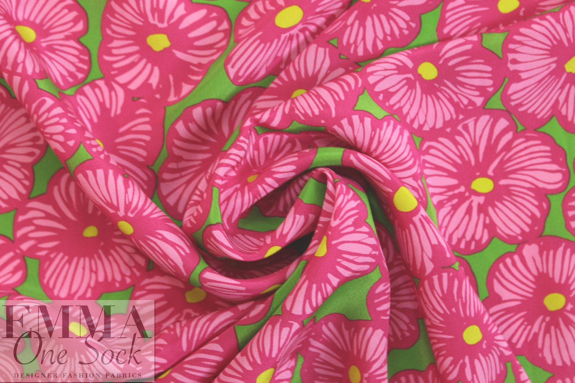 famous designer silk crepe de chine - pink/lime flowers 1.375 yds