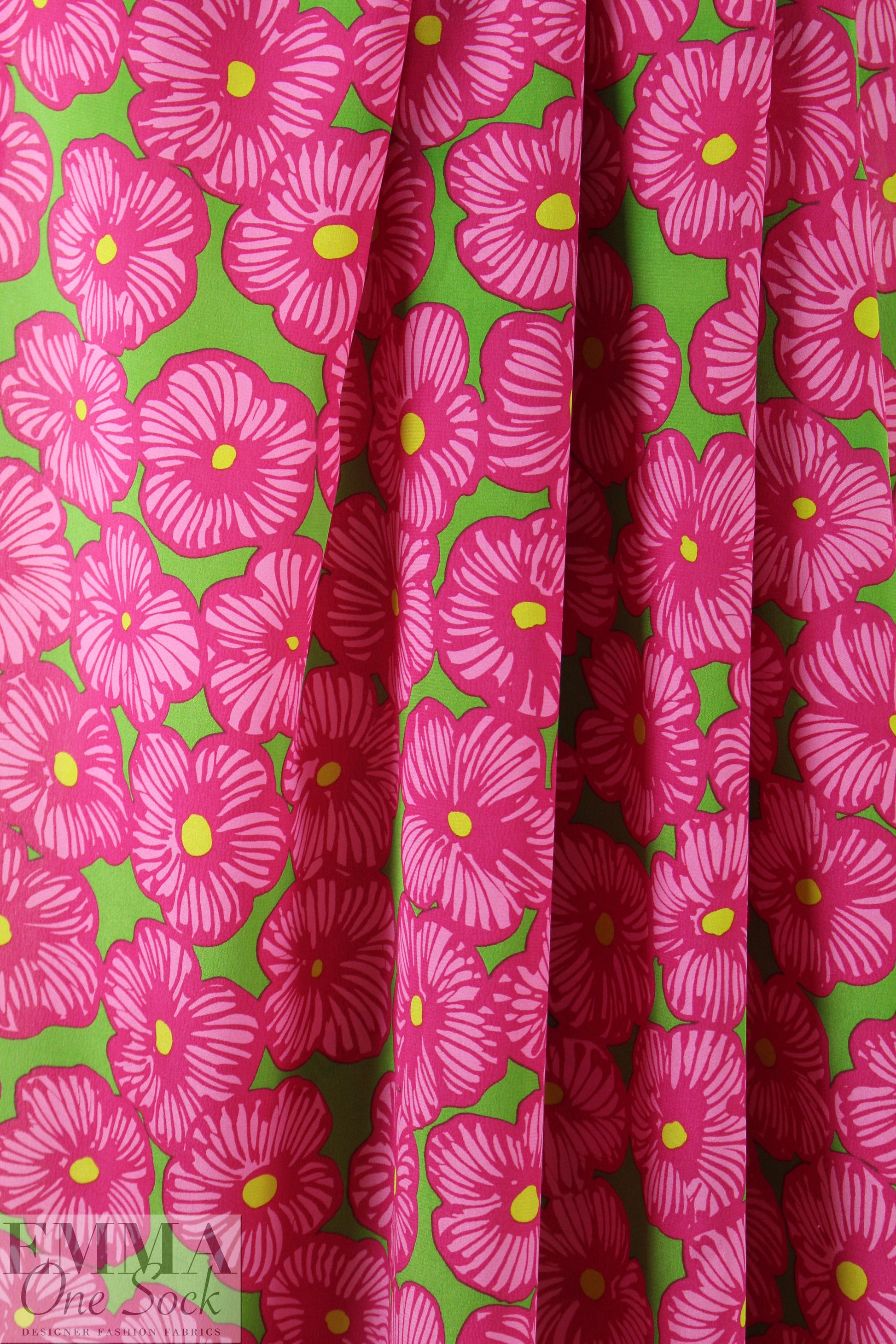 famous designer silk crepe de chine - pink/lime flowers 1.375 yds