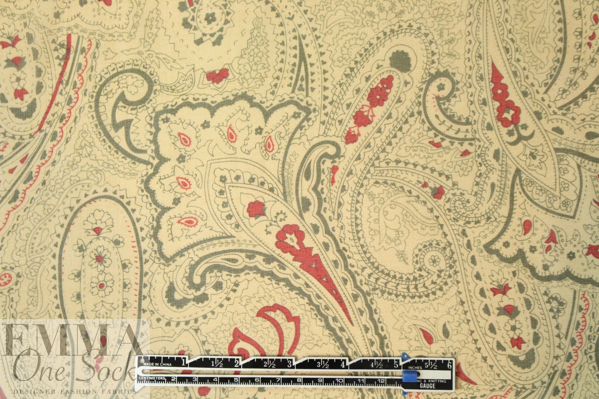 Italian beige/red/olive paisley silk chiffon 1.33 yd