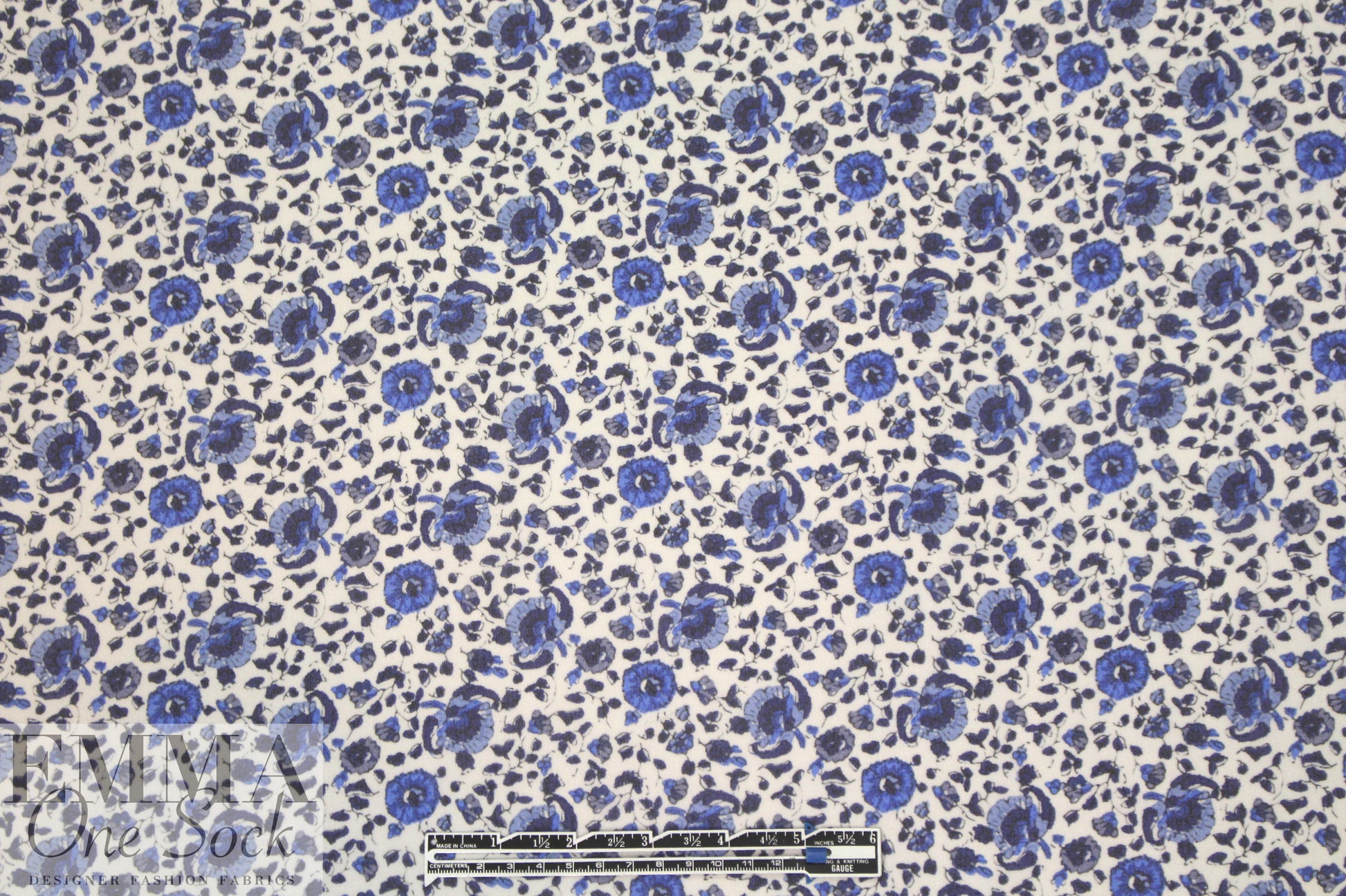 NY designer little blue floral stretch silk georgette