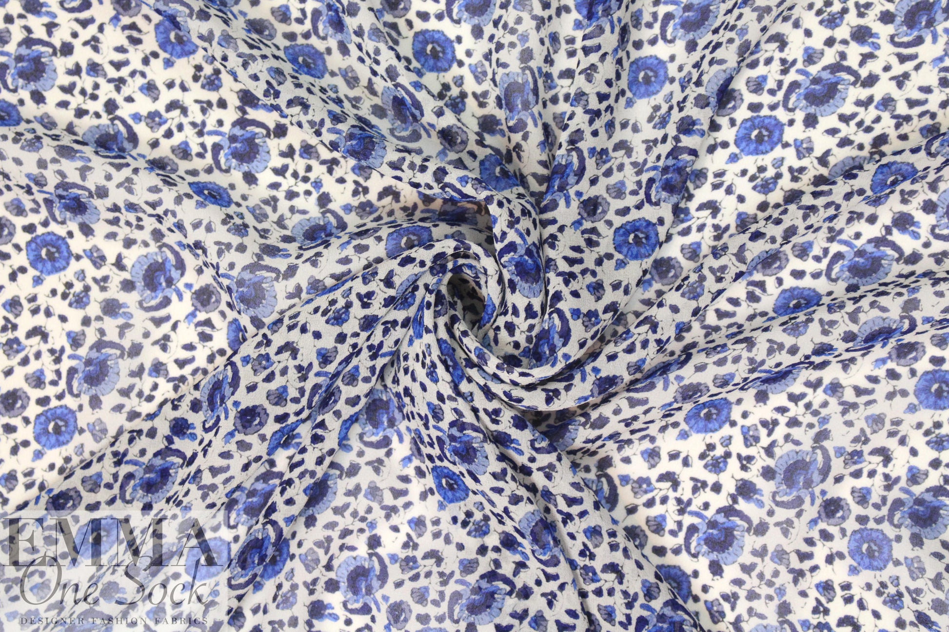 NY designer little blue floral stretch silk georgette
