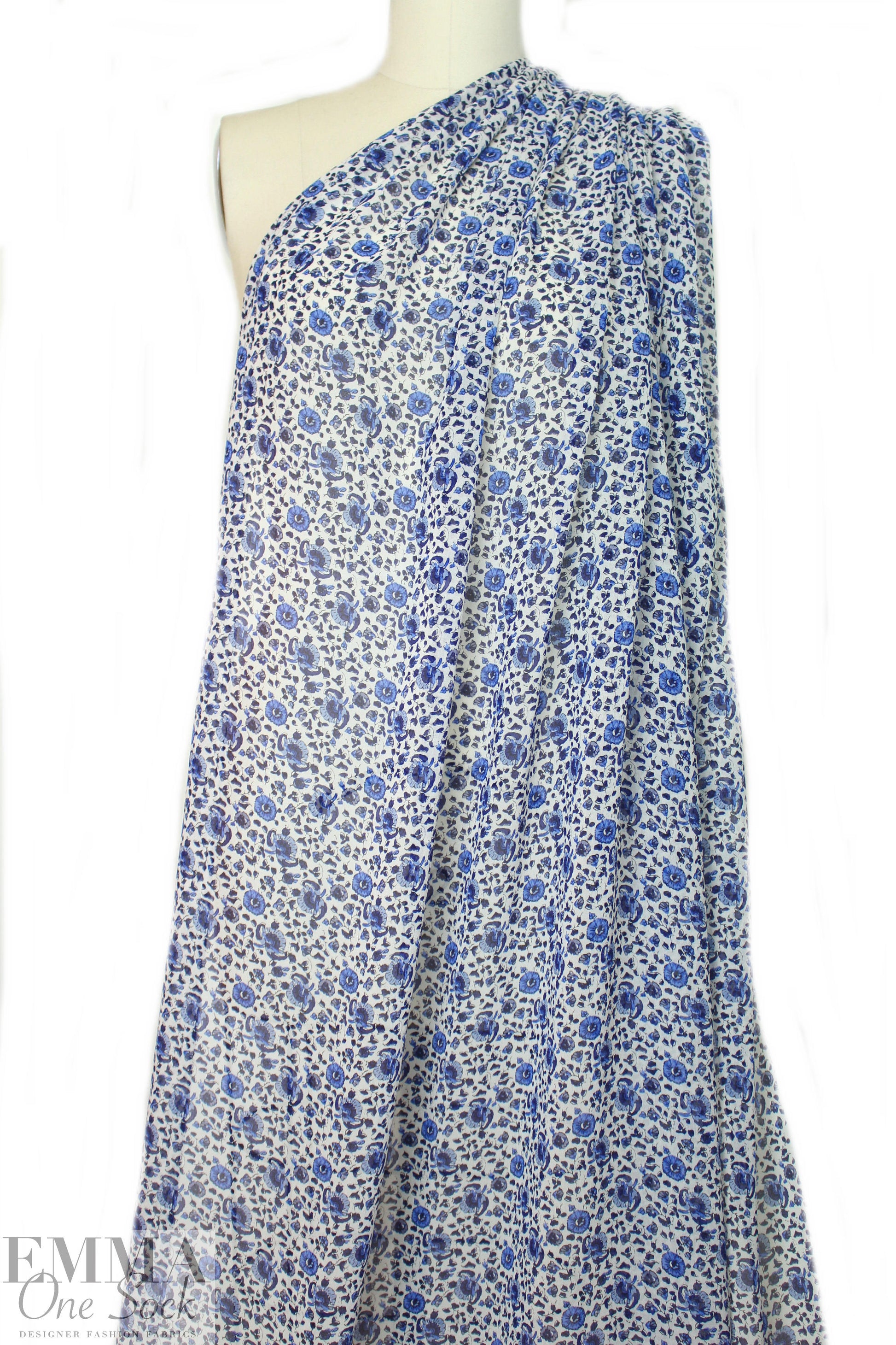 NY designer little blue floral stretch silk georgette