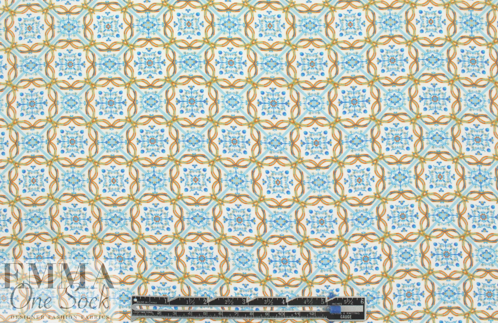 NY designer blue/nectarine medallion silk blouseweight 1.66 yd
