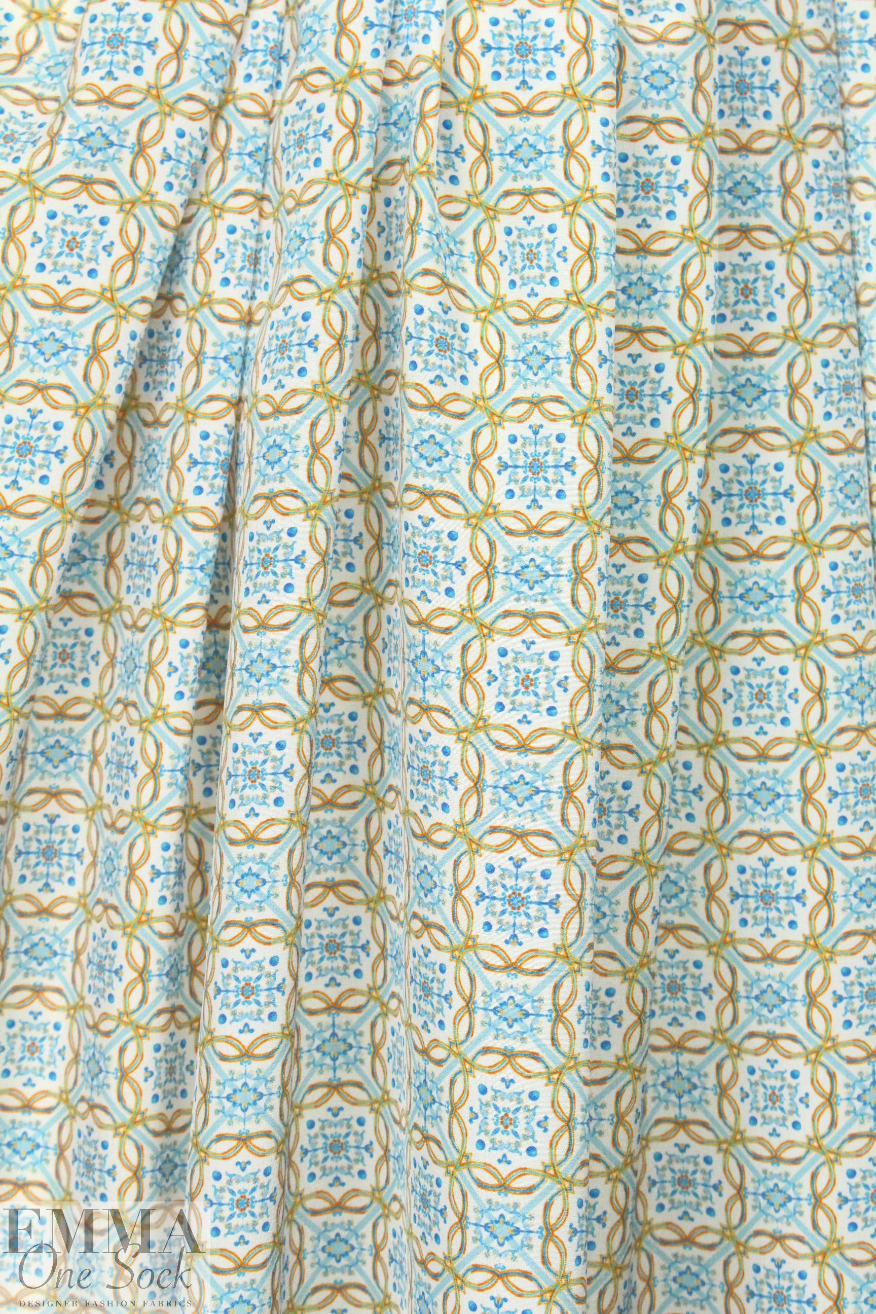 NY designer blue/nectarine medallion silk blouseweight