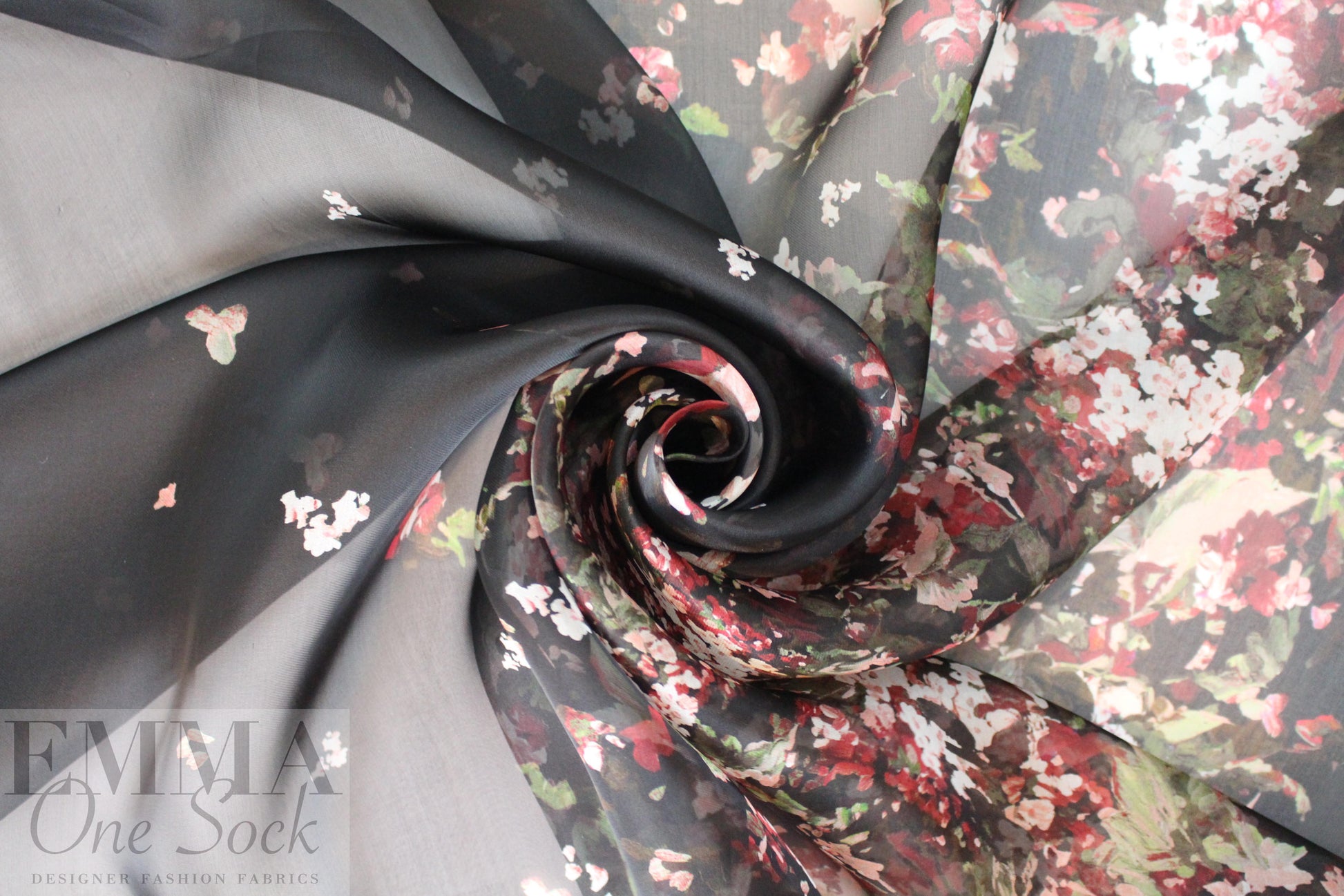 famous designer watercolor floral border satin organza 1.66 yds