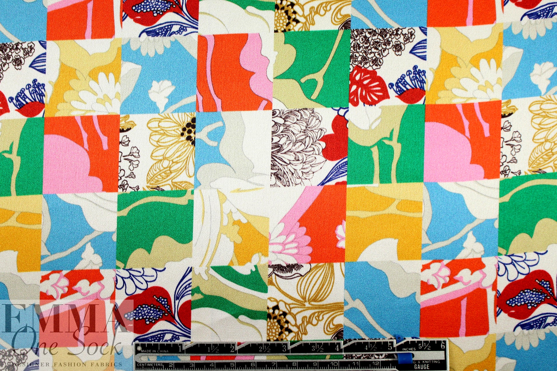 NY designer silk charmeuse - flowery squares .875 yds