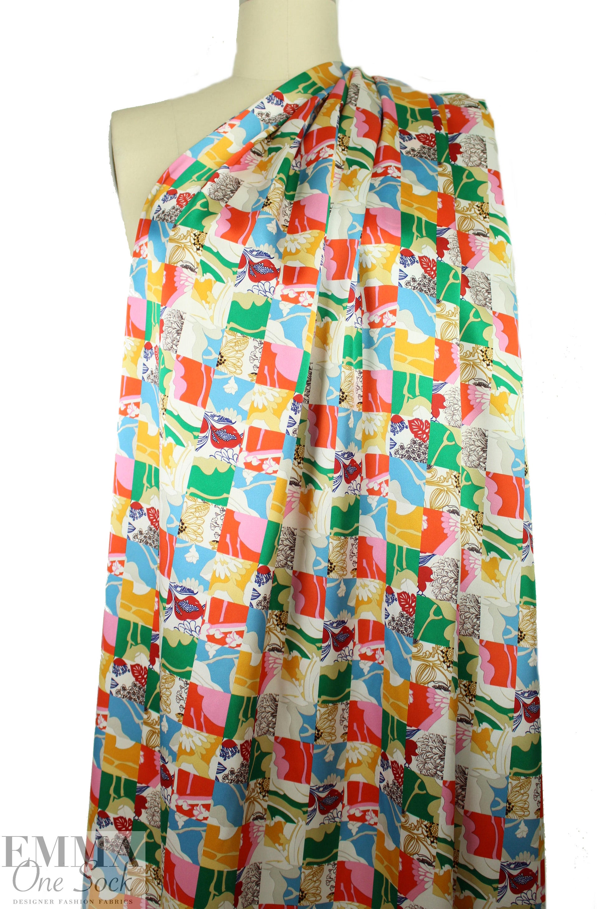 NY designer silk charmeuse - flowery squares .875 yds