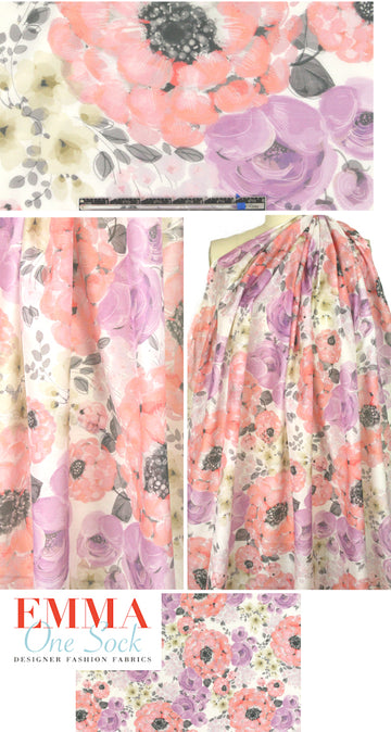 Italian coral/gray painterly floral silk/cotton voile