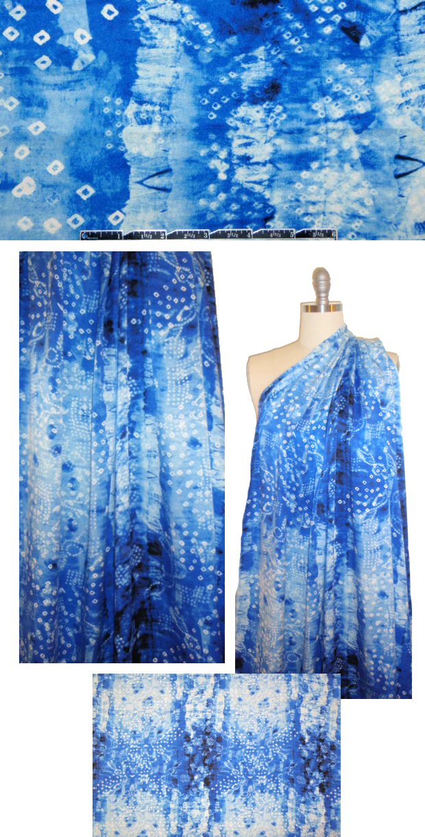 Italian blue fantasy print silk charmeuse 1.25 yd