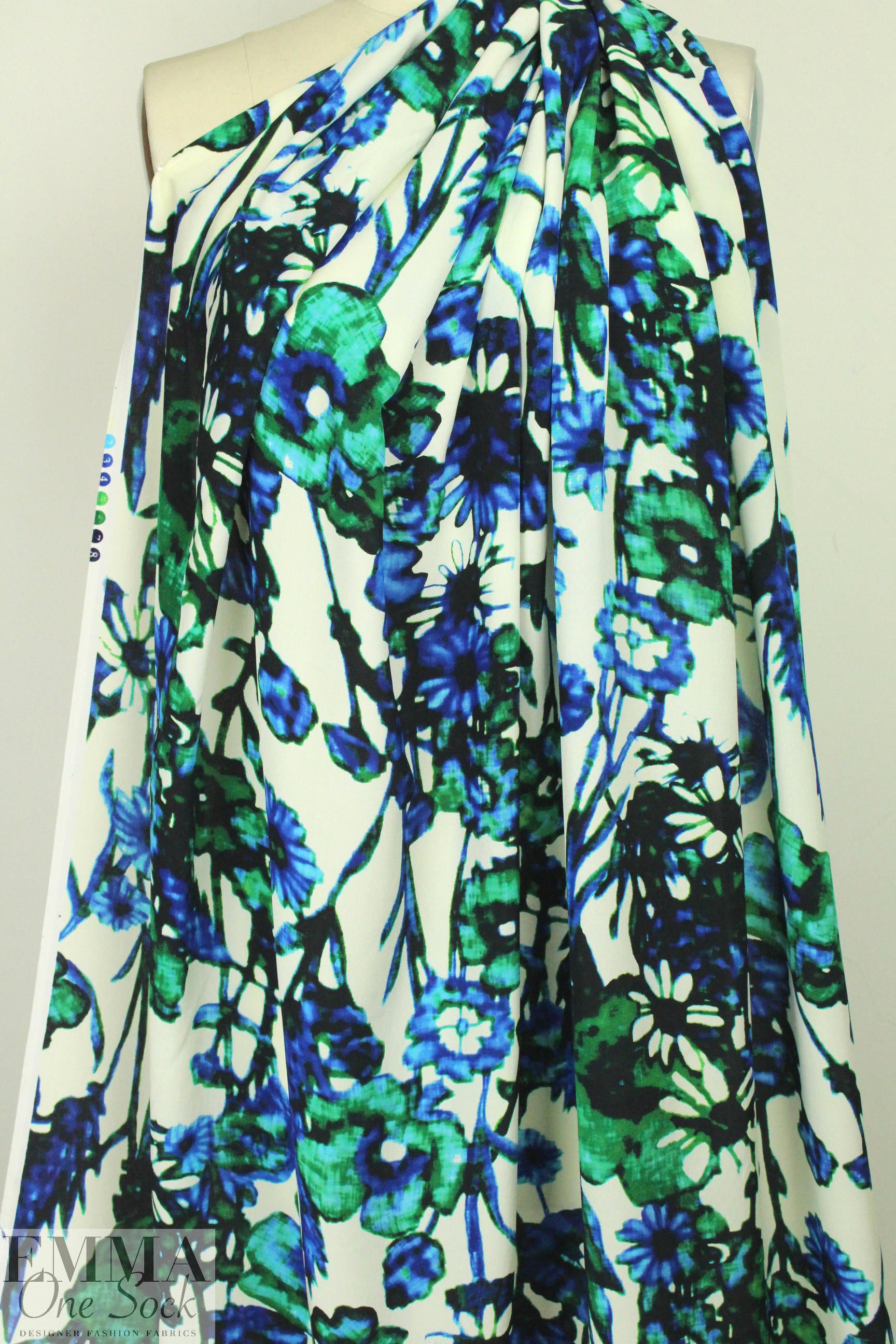Rebecca Tayl0r blue/green flowers stretch silk CDC 1.5 yds