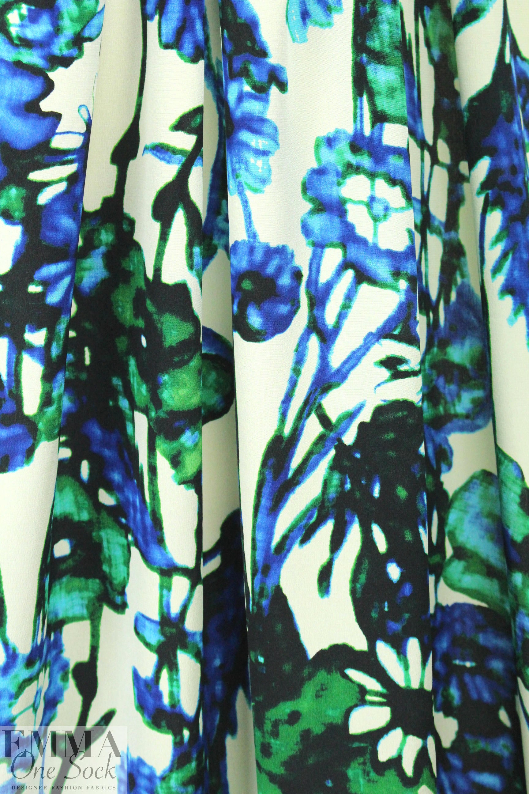 Rebecca Tayl0r blue/green flowers stretch silk CDC 1.5 yds