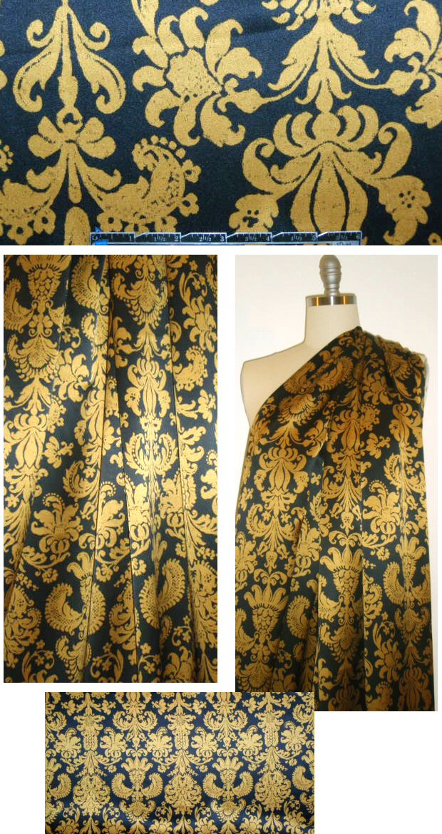 Sara Campbe11 gold/black fleur-de-lis silk charmeuse 1.75 yd