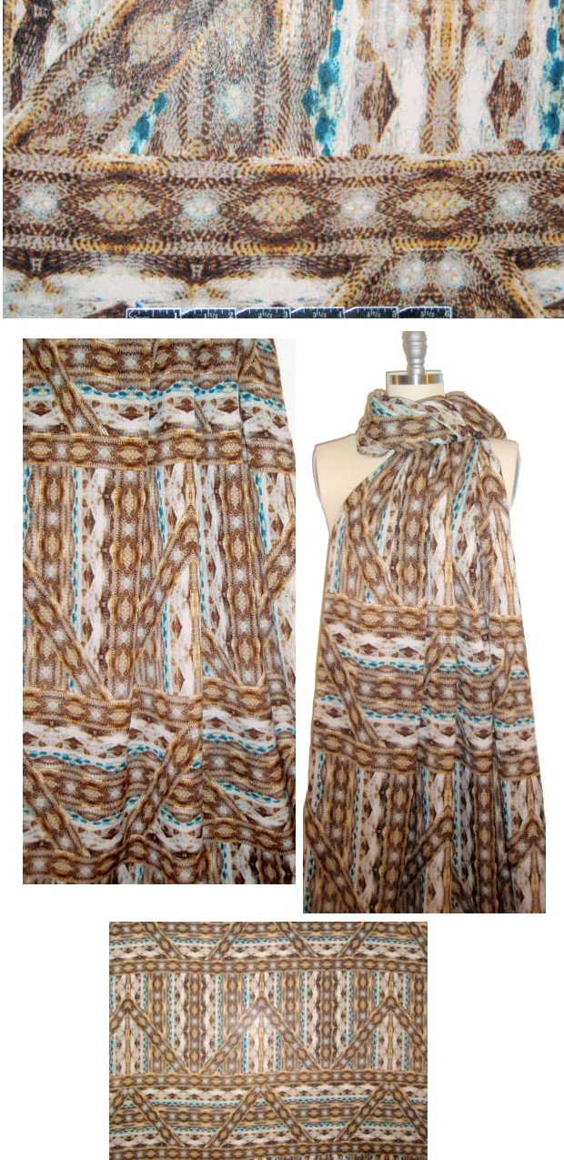 CA designer teal/earthtones design silk georgette 1.25 yd