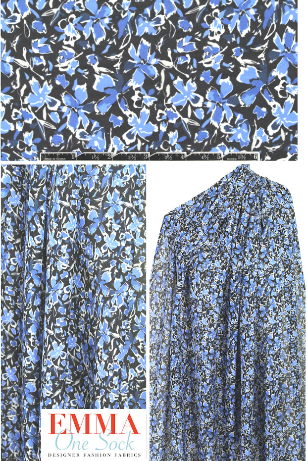 Tah@ri blue/black/white floral silk georgette