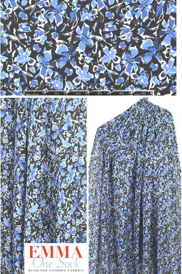 Tah@ri blue/black/white floral silk georgette
