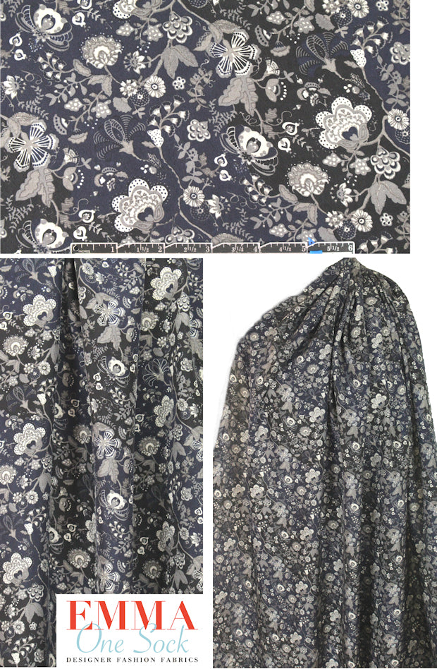 Tah@ri gray/cream/midnight floral silk blouseweight