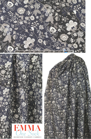 Tah@ri gray/cream/midnight floral silk blouseweight