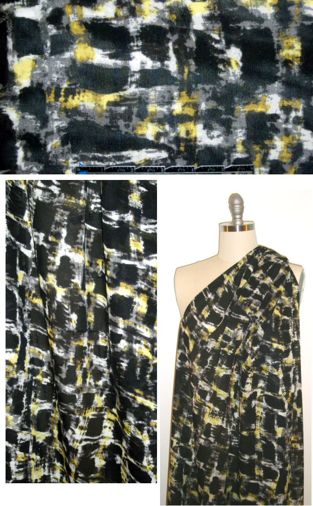 NY designer silk georgette -black/lemon abstract