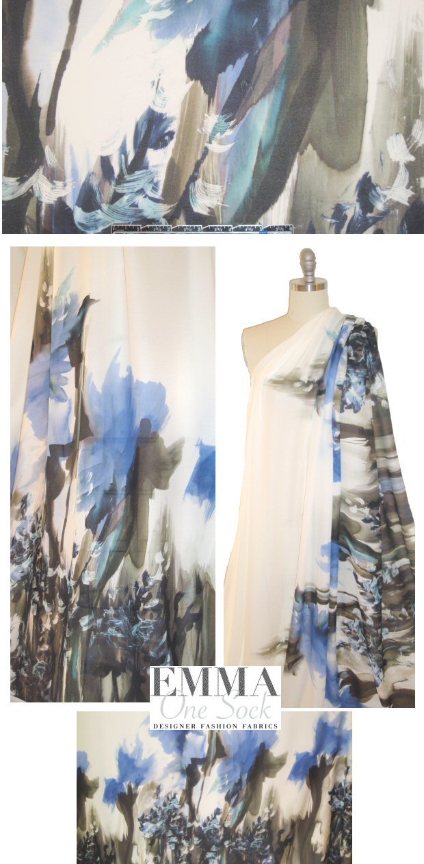 Mi11y blue abstracted floral border silk blouseweight 1.625 yd