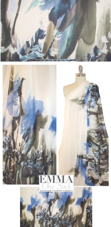 Mi11y blue abstracted floral border silk blouseweight 1.625 yd