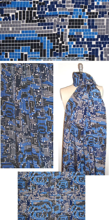 NY designer blue/gray mosaic print silk blouseweight 1.66 yd