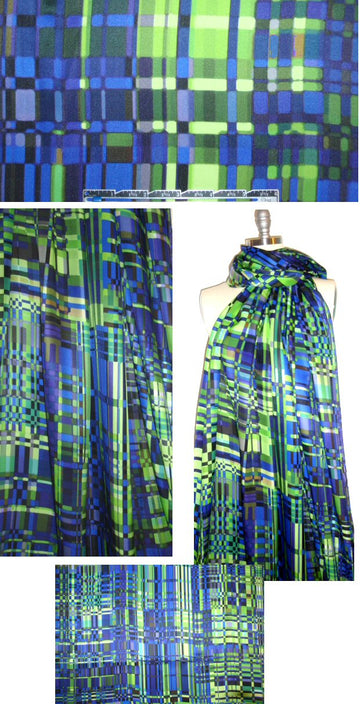 Italian digital techno plaid crepe de chine - blue/green .75 yds
