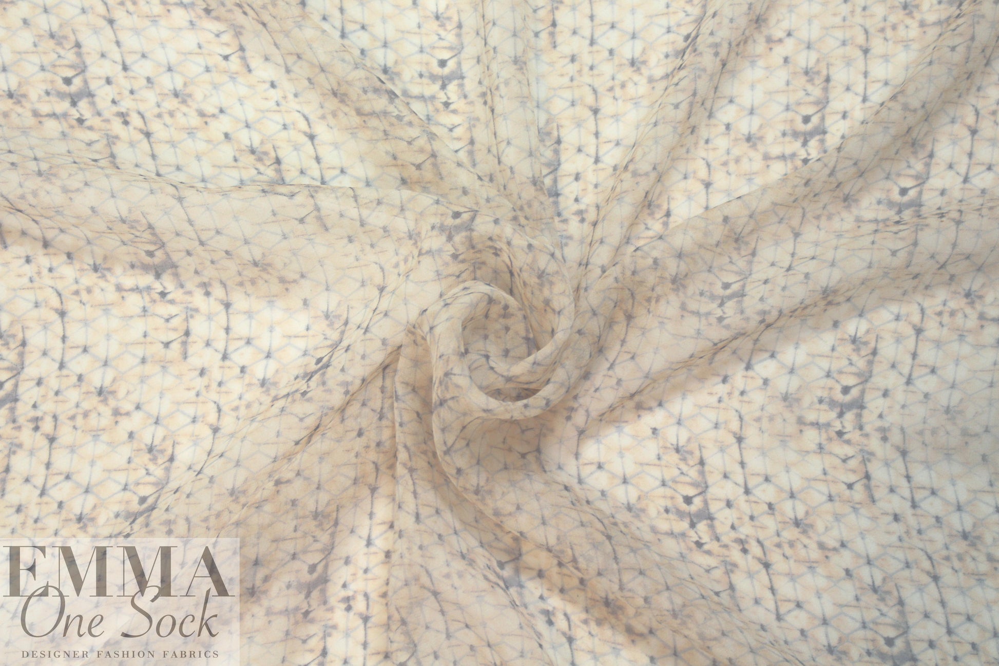 NY designer peach/denim delicate graphic silk chiffon 1.375 yd