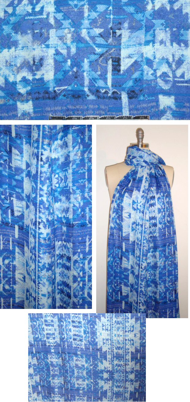 NY designer blue tones Navajo montage silk georgette
