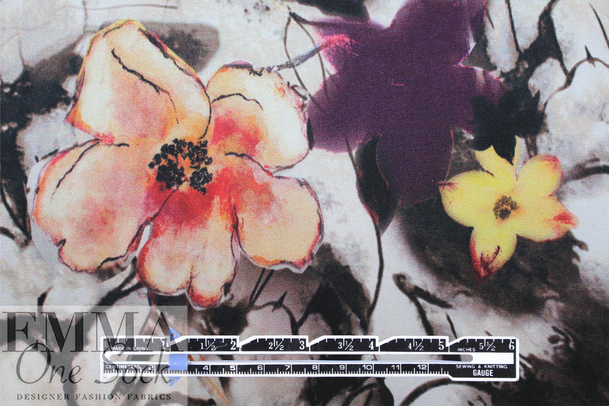 NY designer floral ink painting silk stretch charmeuse 1.66 yd