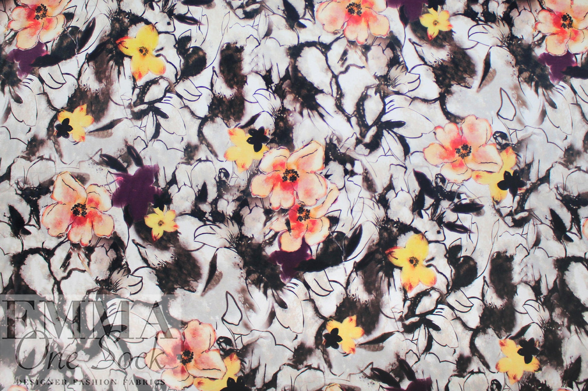 NY designer floral ink painting silk stretch charmeuse .5 yds