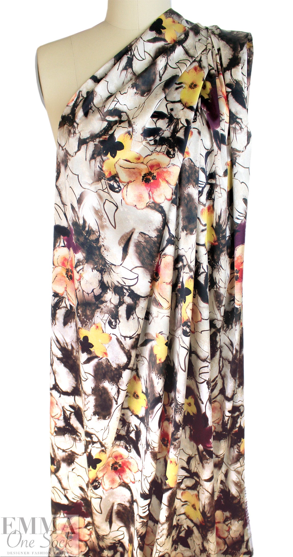 NY designer floral ink painting silk stretch charmeuse 1.5 yd
