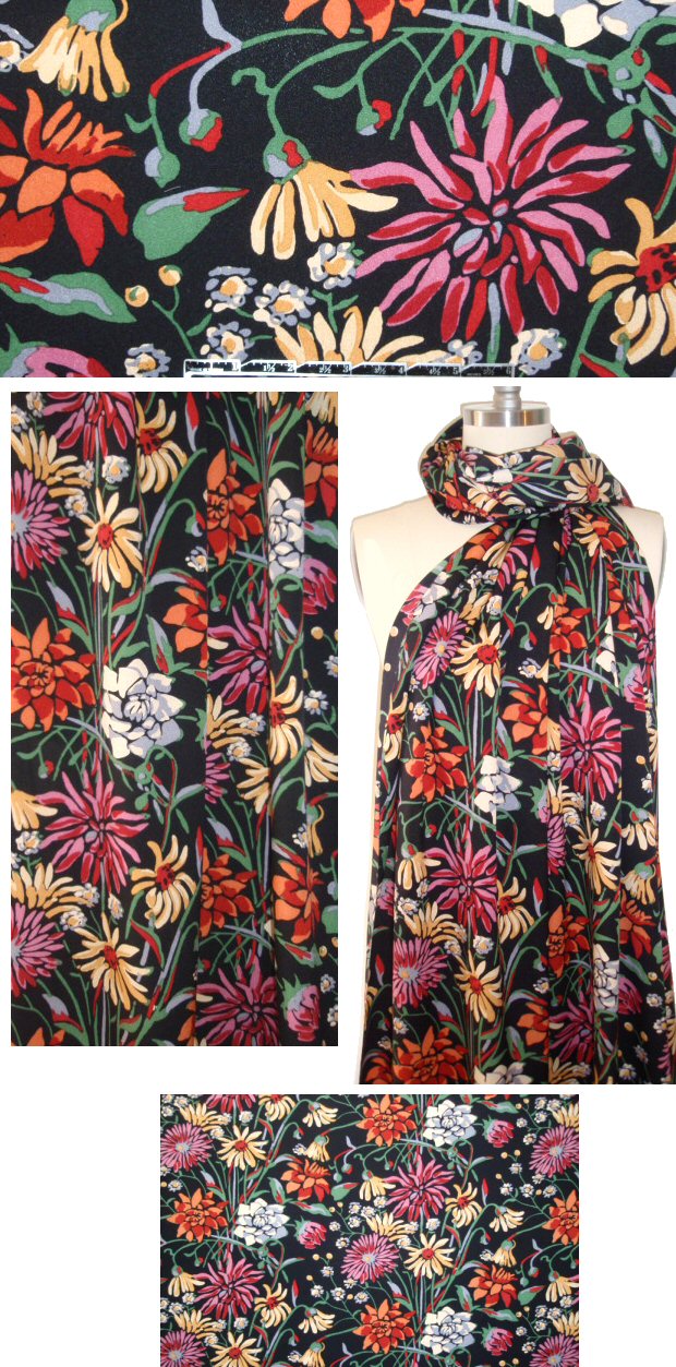 NY designer colorful floral on black silk crepe