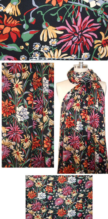 NY designer colorful floral on black silk crepe