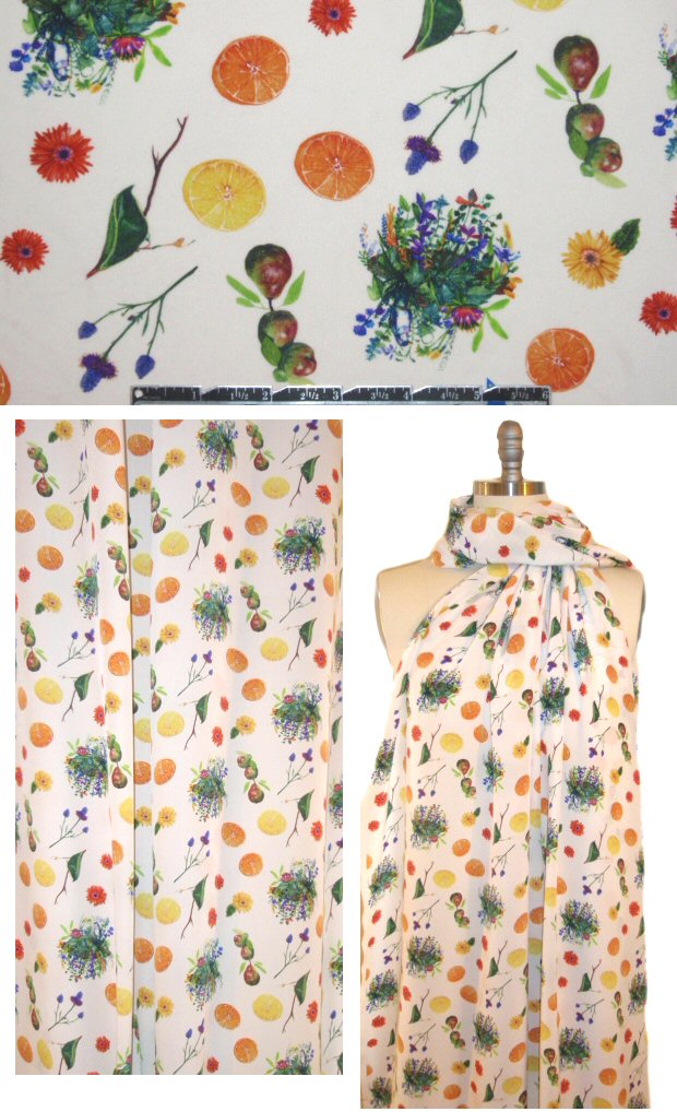 NY designer fruits and flowers design silk blouseweight .75 yds