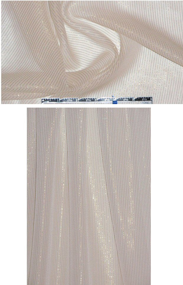 CA designer white silk chiffon, gold met. stripes