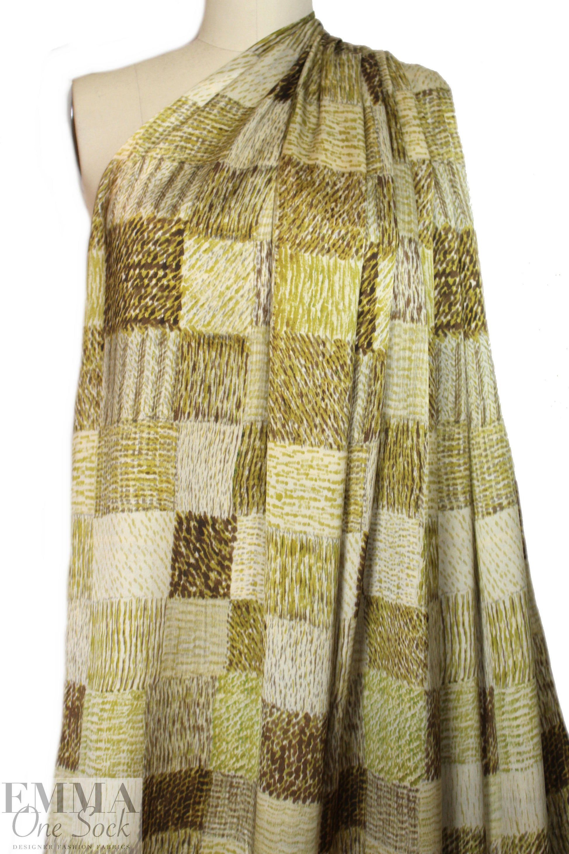 Italian gold/mocha patchwork graphic silk charmeuse 1.25 yd