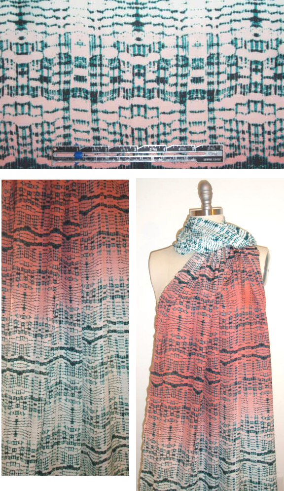 NY designer teal/coral ikat ombre silk georgette
