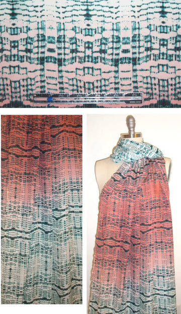 NY designer teal/coral ikat ombre silk georgette
