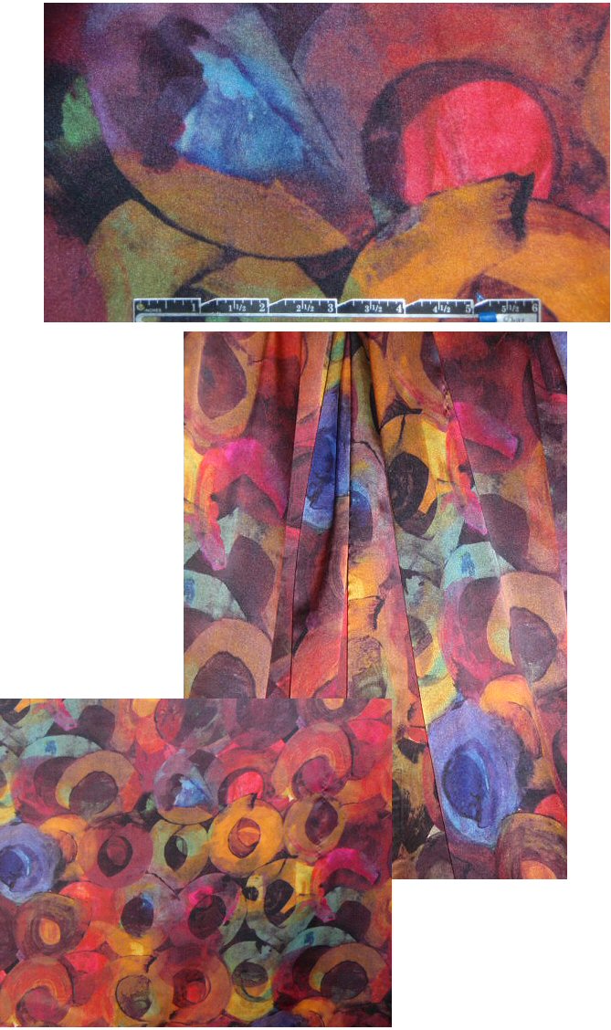 Italian satin chiffon - jewel tone circle abstr.