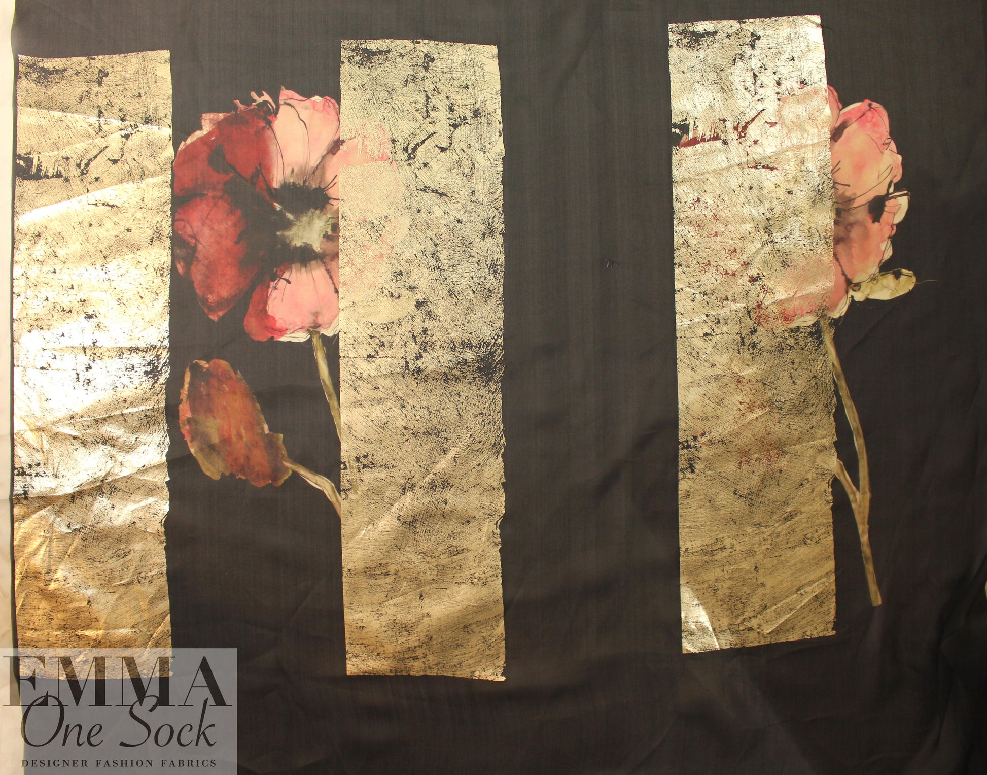 designer block print silk double organza - gold