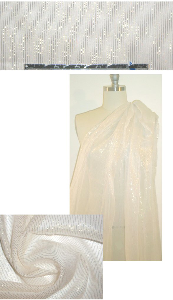 CA designer white silk chiffon, gold met. stripes