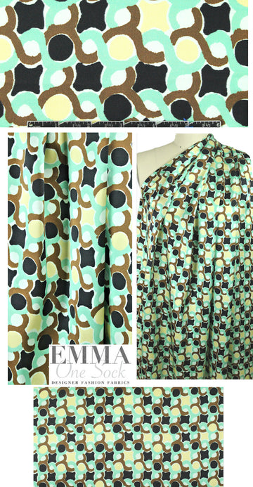 NY designer mint/lemon/bronze graphic silk charmeuse 1.5 yd