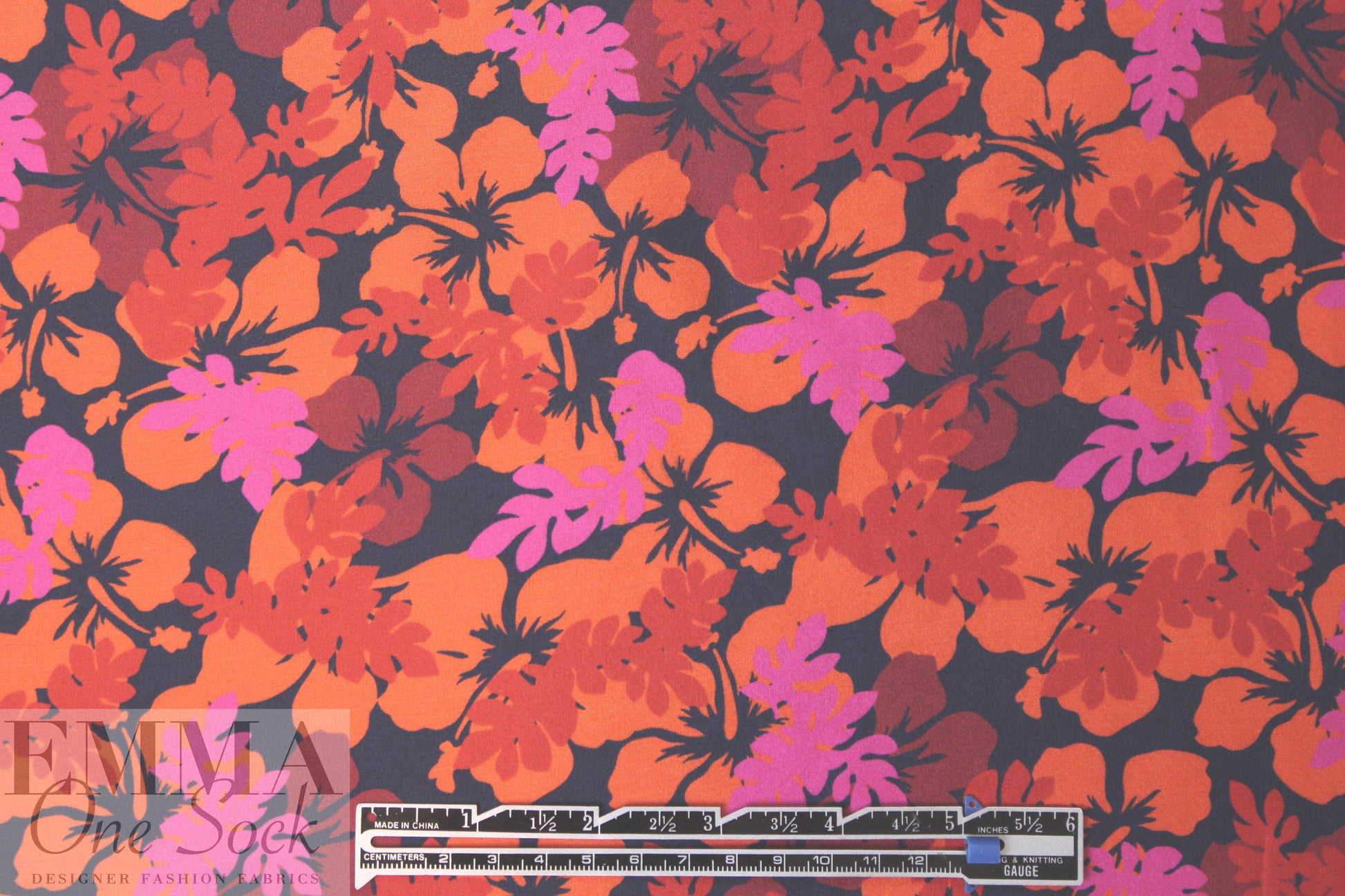 Derek L@m hibiscus silk woven - nectarine/navy 1.875 yd