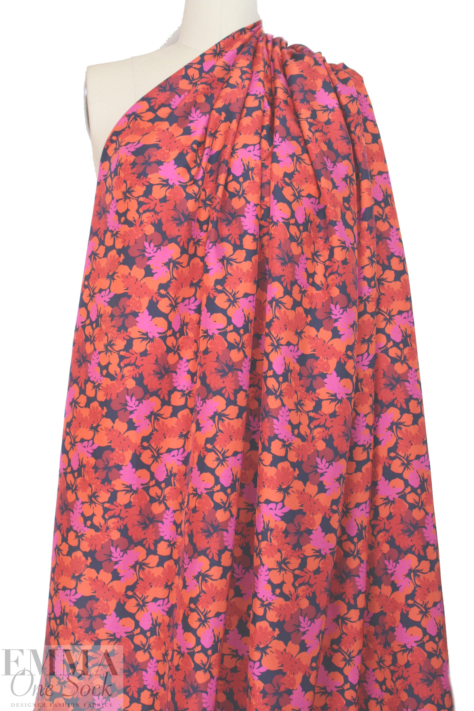 Derek L@m hibiscus silk woven - nectarine/navy 1.875 yd