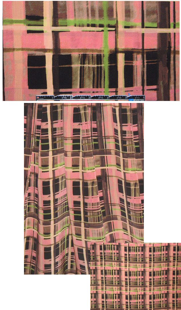 0scar salmon/mocha/lime plaid silk crepe de chine 2.125 yds
