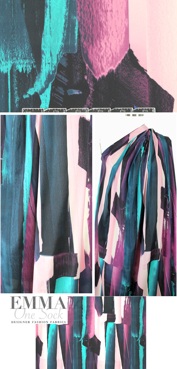 NY designer painterly stripes stretch silk woven