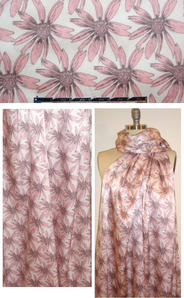 NY designer pale pink daisies silk twill