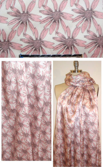 NY designer pale pink daisies silk twill