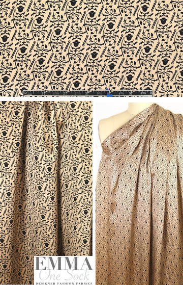NY designer peach/black emblem graphic silk charmeuse 1.75 yd